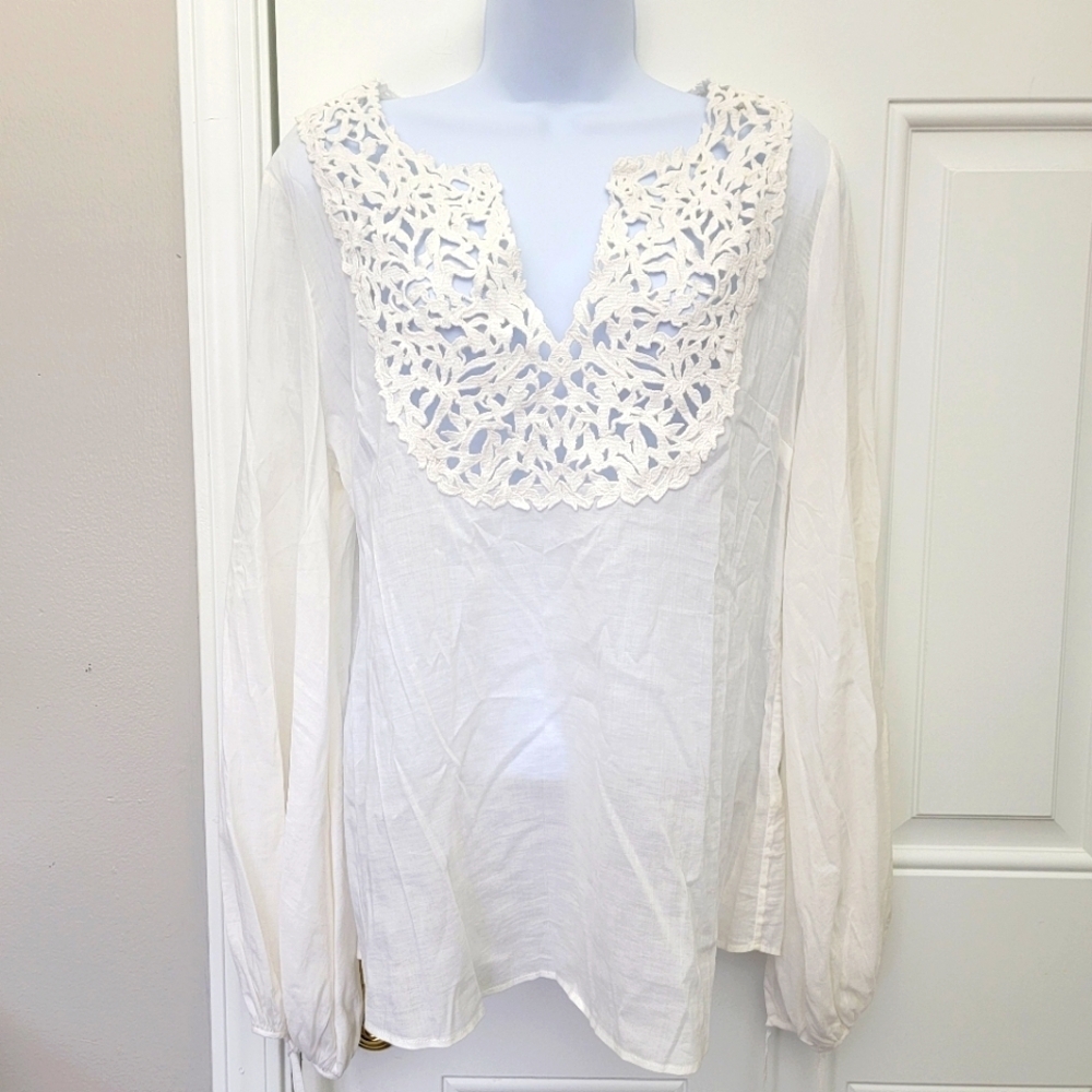 WHBM White Laser Cut Crochet Gauzy White Blouse Long Tie Sleeves Size 8